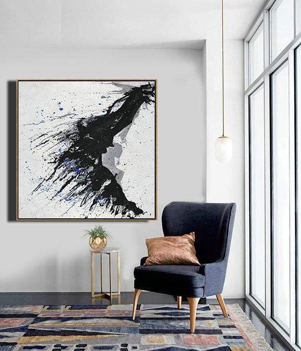 Handmade Large Contemporary Art,Minimalist Drip Painting On Canvas, Black, White, Grey, Blue - Modern Art Abstract Painting